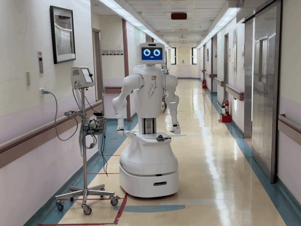 Nurabot robot in a hospital as Foxconn believes it can ease the projected shortfall of over four million nurses by 2030 with healthcare solutions like NVIDIA powered AI robotics.