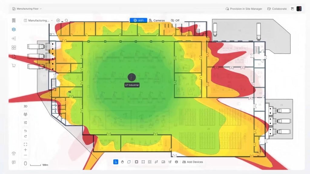 UniFi U7 Industrial WiFi coverage heatmap on a manufacturing floor plan